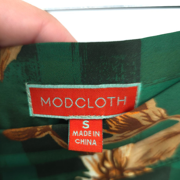 Modcloth Whimsy Retro-Chic Flowy A-Line Regal Floral Over Green Buffalo Check S - Picture 6 of 14